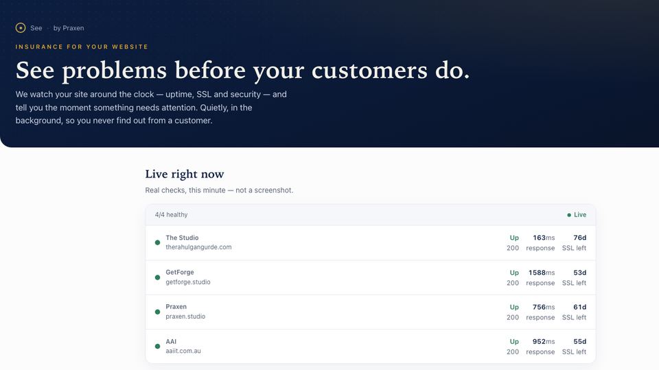 The See page on praxen.studio: the headline “See problems before your customers do.” above a live table of four monitored websites, all up.